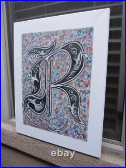 Monogram Old English THE LETTER R 16x20 canvas original Art Painting by Crowell