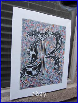 Monogram Old English THE LETTER R 16x20 canvas original Art Painting by Crowell