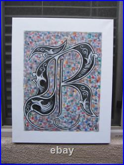 Monogram Old English THE LETTER R 16x20 canvas original Art Painting by Crowell