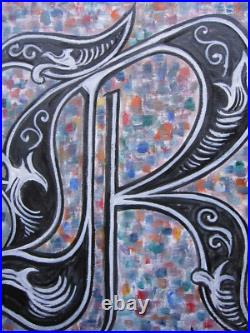 Monogram Old English THE LETTER R 16x20 canvas original Art Painting by Crowell