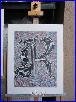 Monogram Old English THE LETTER R 16x20 canvas original Art Painting by Crowell