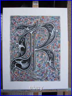 Monogram Old English THE LETTER R 16x20 canvas original Art Painting by Crowell
