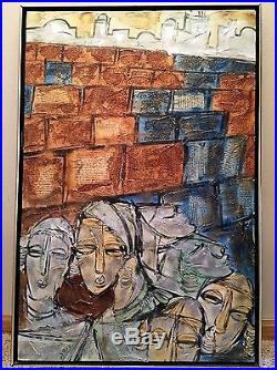 Moshe Katz listed signed art ORIGINAL Oil on Canvas MCM Judaica Jerusalem Wall