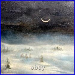 Mysterious Winter Night Landscape Antique Church Oil on Canvas Painting