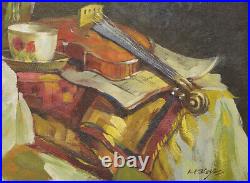 NY Art Stradivarius Violin & Floral 20x24 Original Oil Painting on Canvas