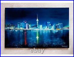Night City Oil Painting Original Art Cityscape On Canvas Urban Landscape 20 x 32
