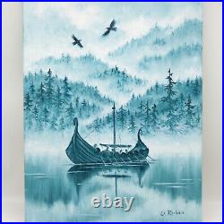 Norse Mythology Art Viking Ship Original Oil Painting on Canvas Wall Decor