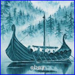 Norse Mythology Art Viking Ship Original Oil Painting on Canvas Wall Decor