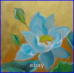 OIL PAINTING WATER LILY ON GOLD OriginalOil Painting, COLOR, COLOR