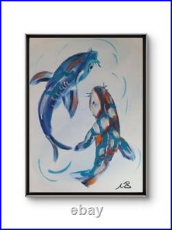 ORIGINAL ABSTRACT 12x16 ACRYLIC PAINTING KOI FISH BLUE BEDROOM WALL ART CANVAS