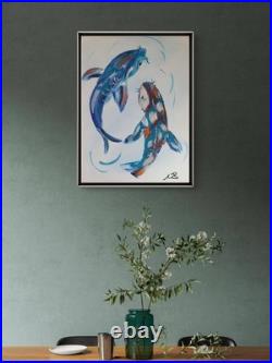 ORIGINAL ABSTRACT 12x16 ACRYLIC PAINTING KOI FISH BLUE BEDROOM WALL ART CANVAS