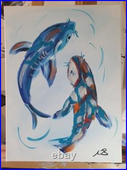 ORIGINAL ABSTRACT 12x16 ACRYLIC PAINTING KOI FISH BLUE BEDROOM WALL ART CANVAS