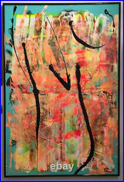 ORIGINAL ABSTRACT ACRYLIC ON CANVAS PAINTING BRIGHT COLORS FRAMED Signed By Reed