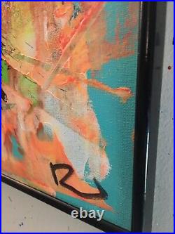 ORIGINAL ABSTRACT ACRYLIC ON CANVAS PAINTING BRIGHT COLORS FRAMED Signed By Reed