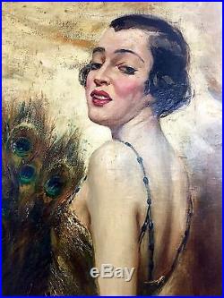 Original Count Arnaldo Tamburini 42 X 77 Flapper Girl Oil On Canvas Painting Art