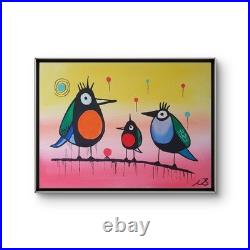 ORIGINAL GEOMETRIC BIRDS 16x12 ACRYLIC PAINTING WALL ART MULTICOLOR CANVAS