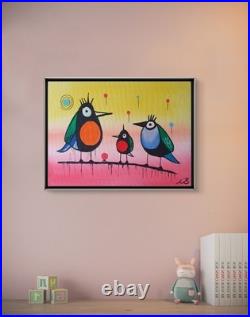 ORIGINAL GEOMETRIC BIRDS 16x12 ACRYLIC PAINTING WALL ART MULTICOLOR CANVAS