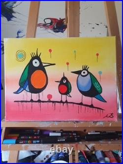 ORIGINAL GEOMETRIC BIRDS 16x12 ACRYLIC PAINTING WALL ART MULTICOLOR CANVAS