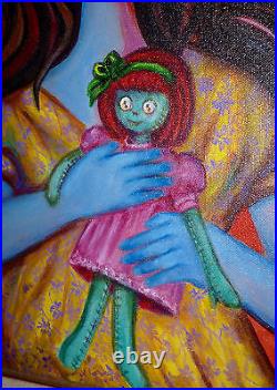 ORIGINAL GIRL BUTTON EYED DOLL ART OIL PAINTING on CANVAS