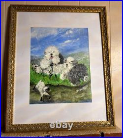 ORIGINAL MATTED & FRAMED OLD ENGLISH SHEEPDOG PAINTING ON CANVAS Barbara Wood