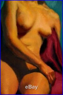 ORIGINAL OIL on canvas painting signed FEMALE NUDE no frame 20 X 16 inches color