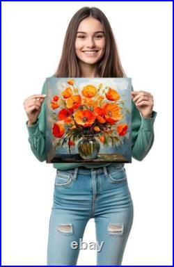 ORIGINAL Oil PAINTING on Canvas California Poppy Textured Custom Art 12x12 in