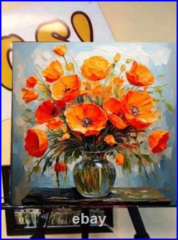 ORIGINAL Oil PAINTING on Canvas California Poppy Textured Custom Art 12x12 in