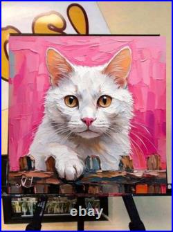 ORIGINAL Oil PAINTING on Canvas Cat Textured Artwork 10x10 in Custom Order