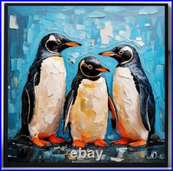 ORIGINAL Oil PAINTING on Canvas Penguin Textured Artwork 12x12 in Custom Order