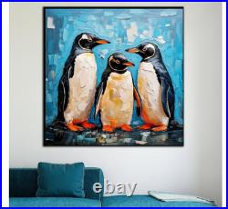 ORIGINAL Oil PAINTING on Canvas Penguin Textured Artwork 12x12 in Custom Order