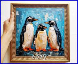 ORIGINAL Oil PAINTING on Canvas Penguin Textured Artwork 12x12 in Custom Order