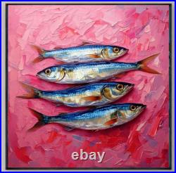 ORIGINAL Oil PAINTING on Canvas Sardine 12x12 in Textured Artwork? Ustom Order