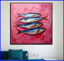 ORIGINAL Oil PAINTING on Canvas Sardine 12x12 in Textured Artwork? Ustom Order