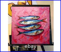 ORIGINAL Oil PAINTING on Canvas Sardine 12x12 in Textured Artwork? Ustom Order