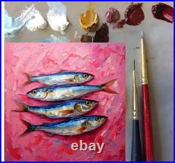 ORIGINAL Oil PAINTING on Canvas Sardine 12x12 in Textured Artwork? Ustom Order