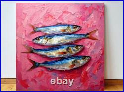 ORIGINAL Oil PAINTING on Canvas Sardine 12x12 in Textured Artwork? Ustom Order