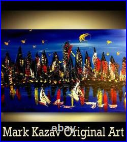 ORIGINAL PAINTING BLUE CITY FINE ART ON CANVAS Abstract SIGNED HUIP9E