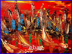 ORIGINAL PAINTING RED CITY FINE ART ON CANVAS Abstract SIGNED HRRFE