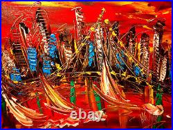 ORIGINAL PAINTING RED CITY FINE ART ON CANVAS Abstract SIGNED HRRFE