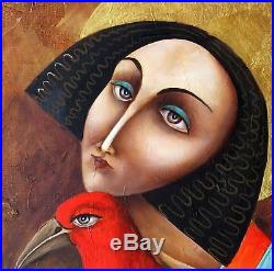 ORIGINAL Painting Oil on canvas CONTEMPORARY ART surrealism GOLDEN MOON &GIRL