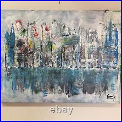 ORIGINAL Ron Floyd Large Abstract Cityscape Blue Acrylic Paint 30x40 New