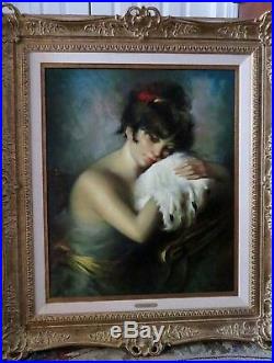 ORIGINAL oil on canvas PAINTING by JOSE PUYET Spain 1966 FRAMED Lady with Muff