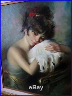 ORIGINAL oil on canvas PAINTING by JOSE PUYET Spain 1966 FRAMED Lady with Muff