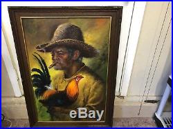 Oil On Canvas Original Painting The Cock Fighter Large 1972 Framed Signed