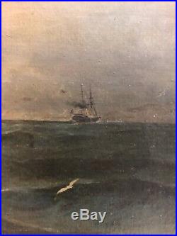 Oil On Canvas Ship At Sea. Antique Early 1800s