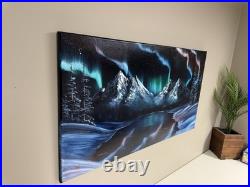 Oil Painting 20x36 Northern Lights, Aurora Borealis, Winter Mountain Lake