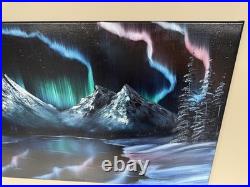 Oil Painting 20x36 Northern Lights, Aurora Borealis, Winter Mountain Lake