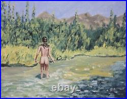 Oil Painting Female Nude Woman Bath in River Mountains Landscape Figure Art