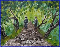 Oil Painting Medieval Man Escorting Monk Forest Landscape History Art A. Joli