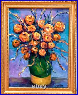 Oil Painting ORANGE FLOWERS IN OLIVE JAR Vase Original Still Life Framed Donalee